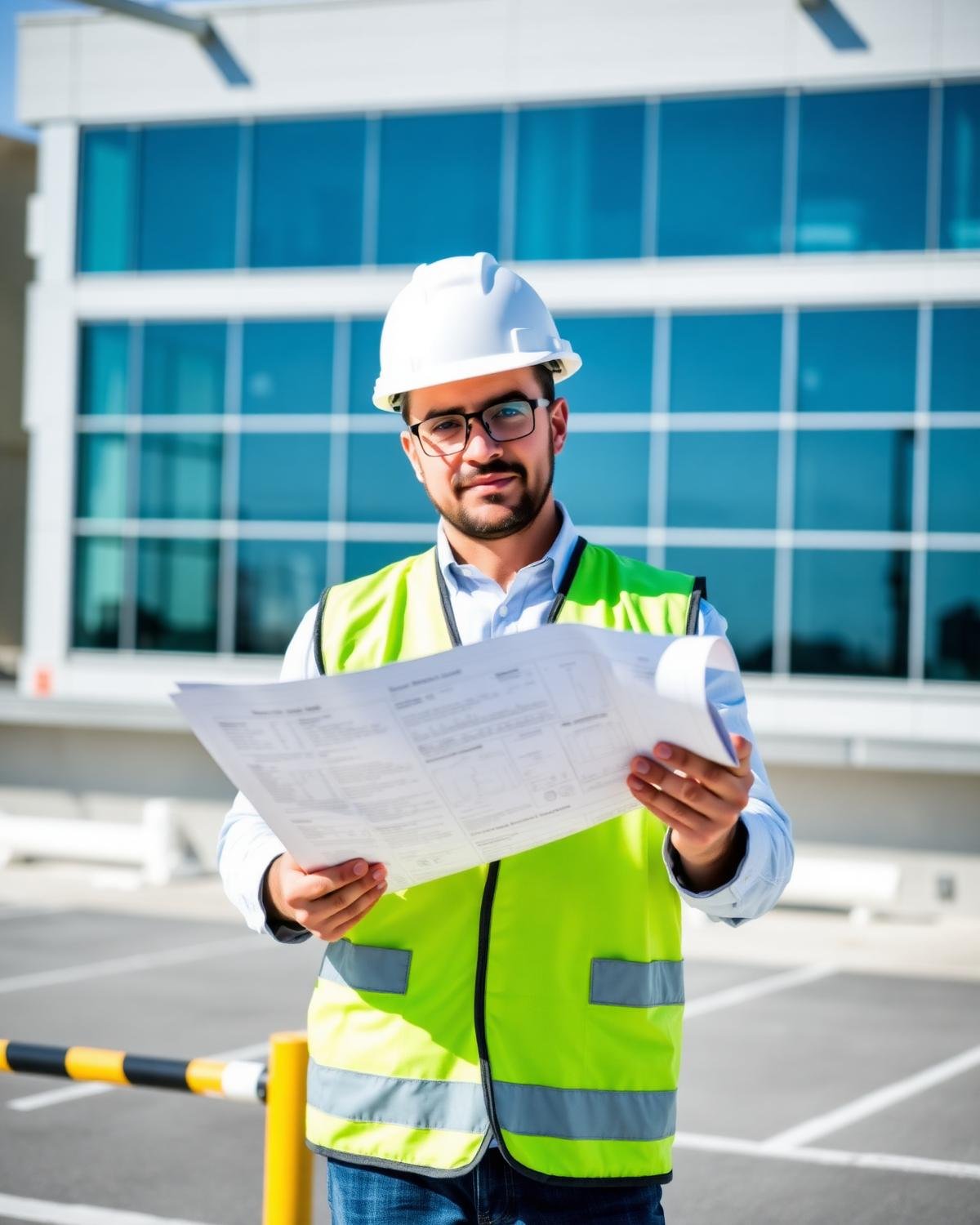 GreenTech Construction project manager on site with drawings